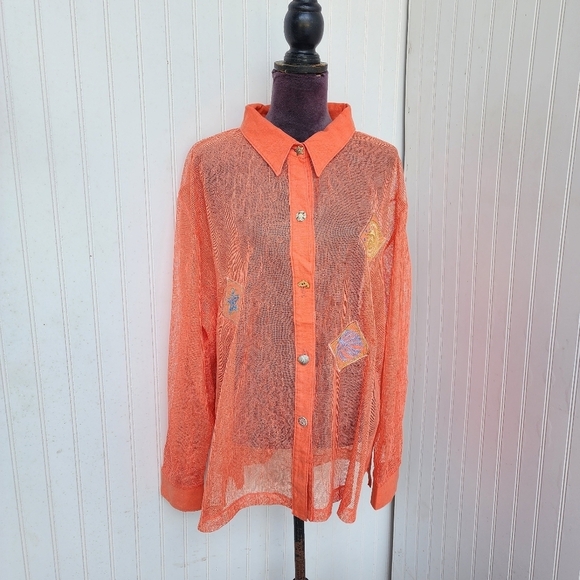 Peter Popovitch Tops - VTG Popovitch Womens Button Front Shirt Orange Linen Belnd Mesh Relaxed Plus 2X